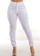 Hyper Stretch High Drawstring Waist Cargo Jogger Pants White