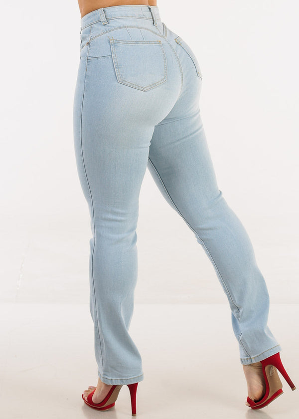 Butt Lift Super High Waist Stretch Straight Leg Jeans Light Wash