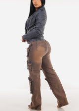 High Waist Acid Wash Utility Cargo Jeans Brown