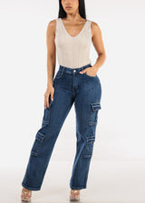 Butt Lift High Waist Straight Wide Leg Stretch Cargo Jeans Dark Wash