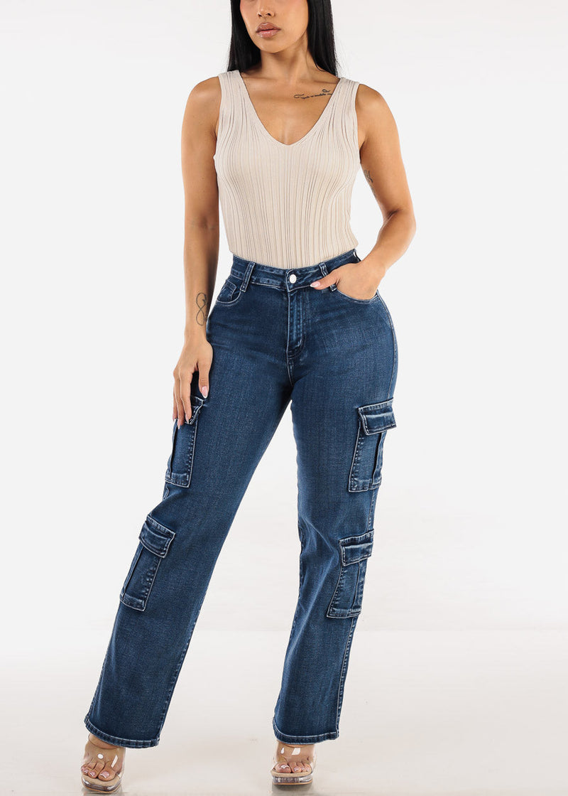 Butt Lift High Waist Straight Wide Leg Stretch Cargo Jeans Dark Wash