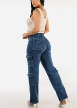 Butt Lift High Waist Straight Wide Leg Stretch Cargo Jeans Dark Wash