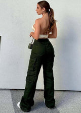 Butt Lift Straight Wide Leg Cargo Jeans Olive