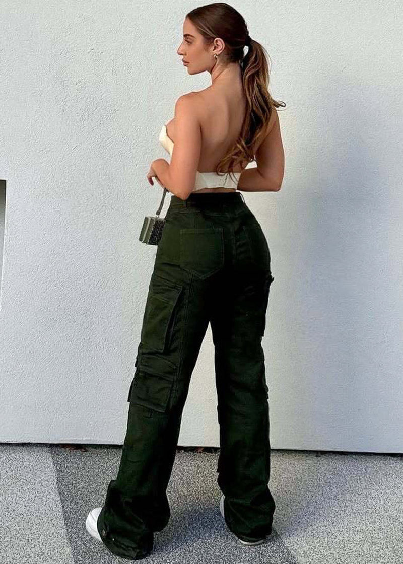 Butt Lift Straight Wide Leg Cargo Jeans Olive