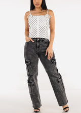 Butt Lift High Waist Straight Wide Leg Stretch Cargo Jeans Black Acid Wash