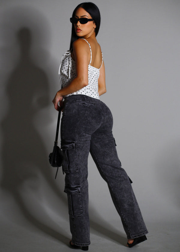 Butt Lift High Waist Straight Wide Leg Stretch Cargo Jeans Black Acid Wash
