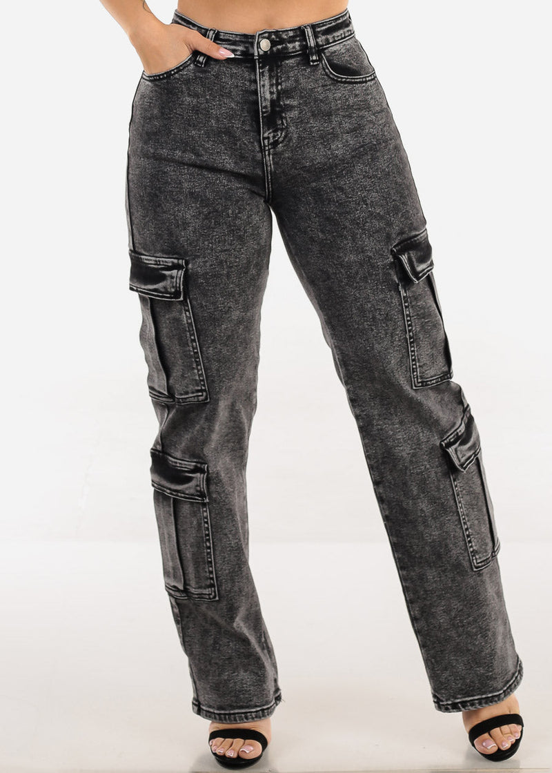 Butt Lift High Waist Straight Wide Leg Stretch Cargo Jeans Black Acid Wash