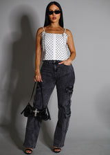 Butt Lift High Waist Straight Wide Leg Stretch Cargo Jeans Black Acid Wash