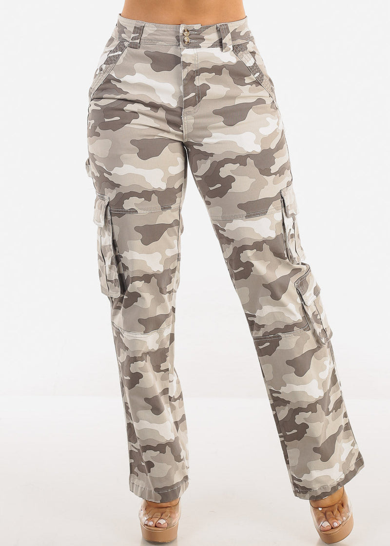 Butt Lift Straight Wide Leg Camo Cargo Jeans Grey