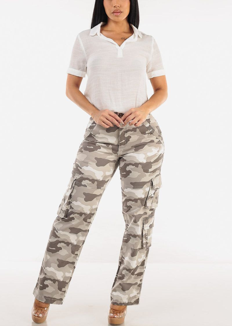 Butt Lift Straight Wide Leg Camo Cargo Jeans Grey
