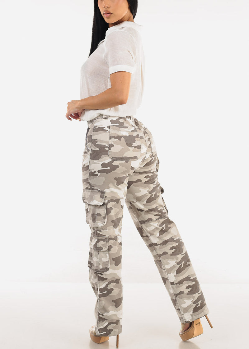Butt Lift Straight Wide Leg Camo Cargo Jeans Grey