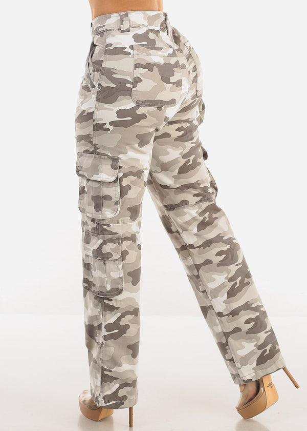 Butt Lift Straight Wide Leg Camo Cargo Jeans Grey