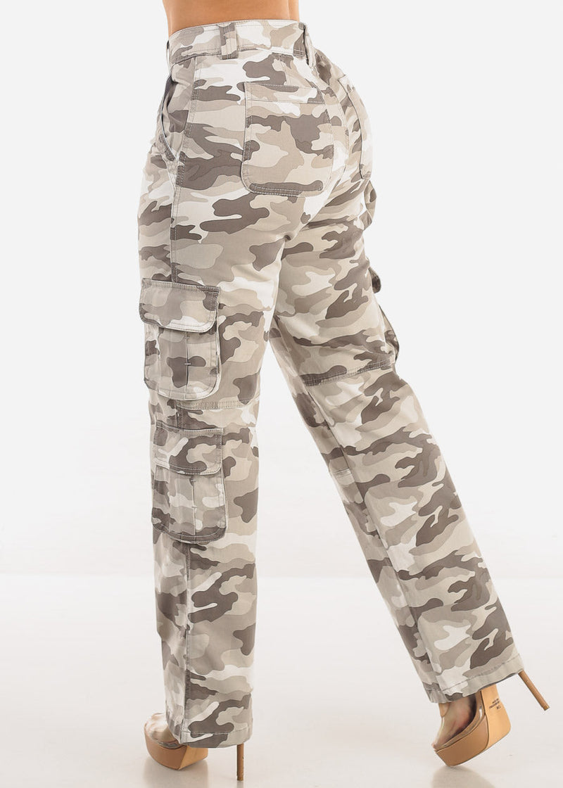Butt Lift Straight Wide Leg Camo Cargo Jeans Grey