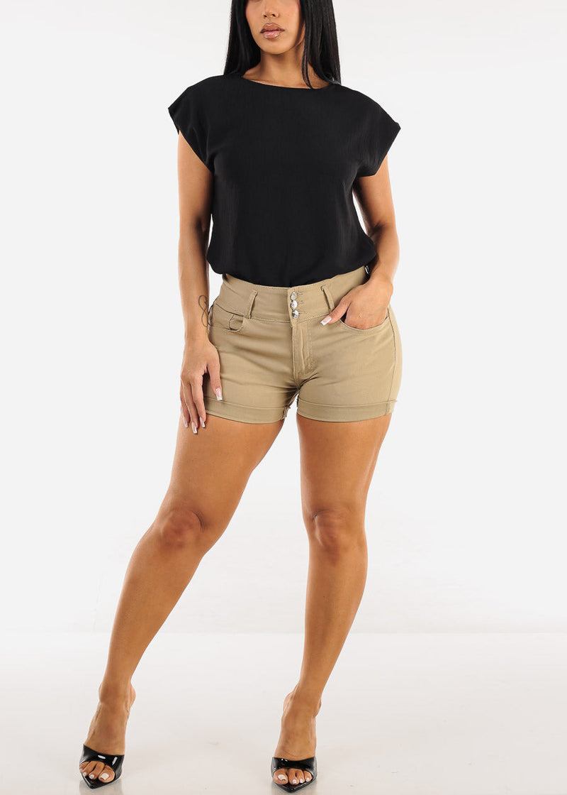 MX JEANS High Waist Hyper Stretch Butt Lifting Mid Thigh Shorts Khaki