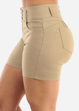 MX JEANS High Waist Hyper Stretch Butt Lifting Mid Thigh Shorts Khaki