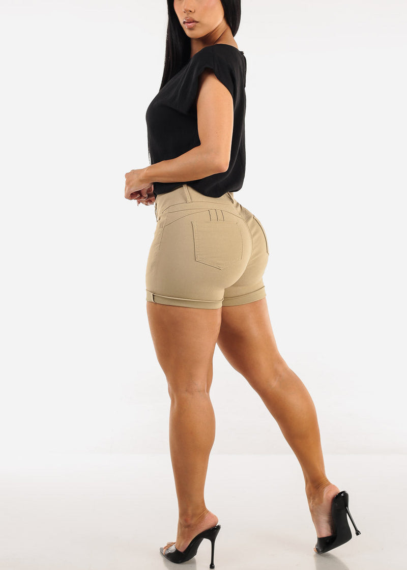 MX JEANS High Waist Hyper Stretch Butt Lifting Mid Thigh Shorts Khaki