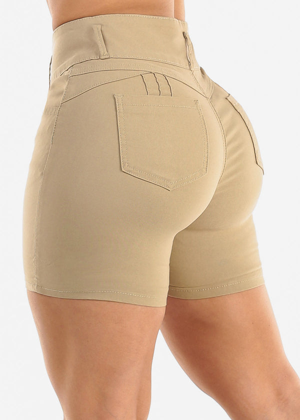 MX JEANS High Waist Hyper Stretch Butt Lifting Mid Thigh Shorts Khaki