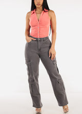 Butt Lift High Rise Straight Wide Leg Stretch Cargo Jeans Dark Grey