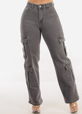 Butt Lift High Rise Straight Wide Leg Stretch Cargo Jeans Dark Grey