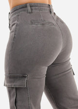 Butt Lift High Rise Straight Wide Leg Stretch Cargo Jeans Dark Grey