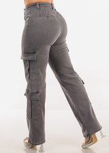 Butt Lift High Rise Straight Wide Leg Stretch Cargo Jeans Dark Grey