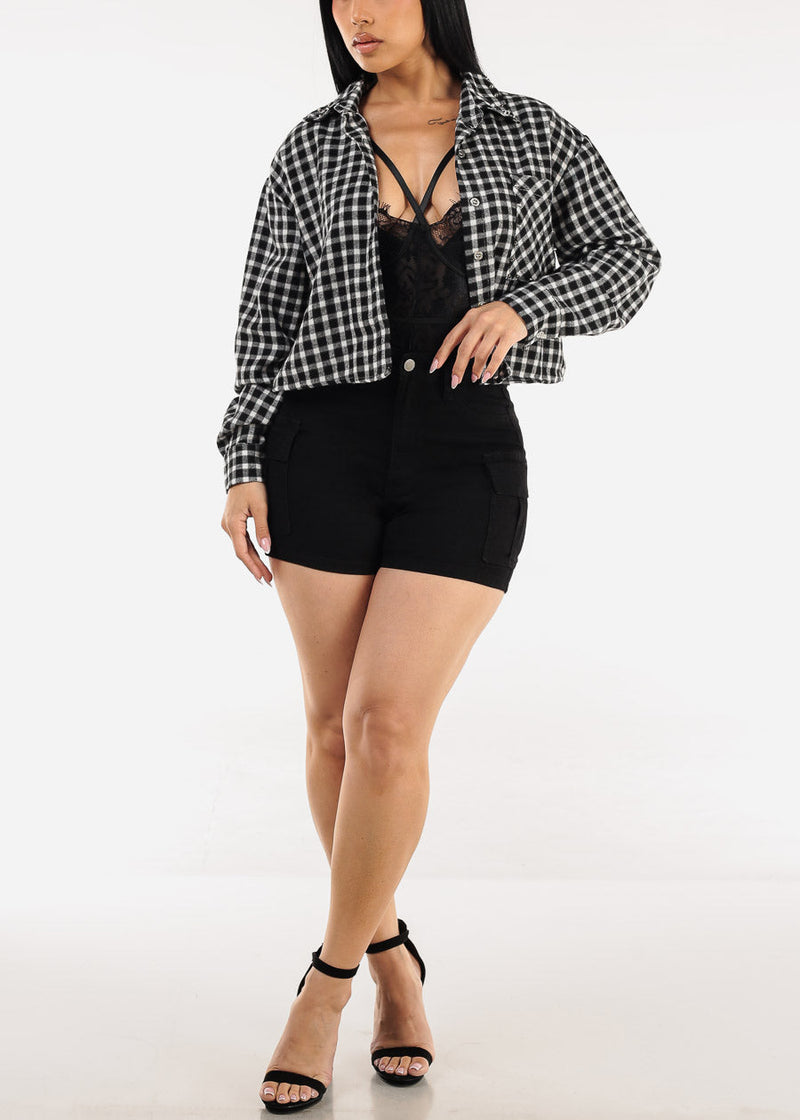 Butt Lift High Waist Stretch Cargo Denim Shorts Black