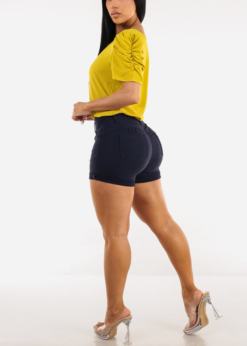 MX JEANS High Waist Hyper Stretch Butt Lifting Mid Thigh Shorts Navy