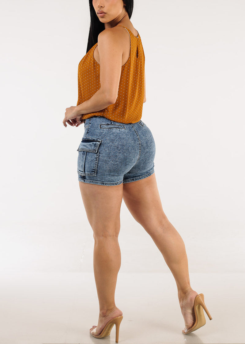 Butt Lift High Waist Stretch Cargo Denim Shorts Dark Acid Wash