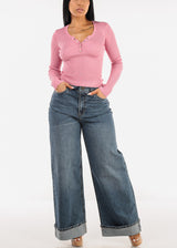 Super High Waist Cuffed Wide Leg Cotton Jeans Dark Wash