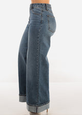 Super High Waist Cuffed Wide Leg Cotton Jeans Dark Wash