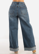 Super High Waist Cuffed Wide Leg Cotton Jeans Dark Wash