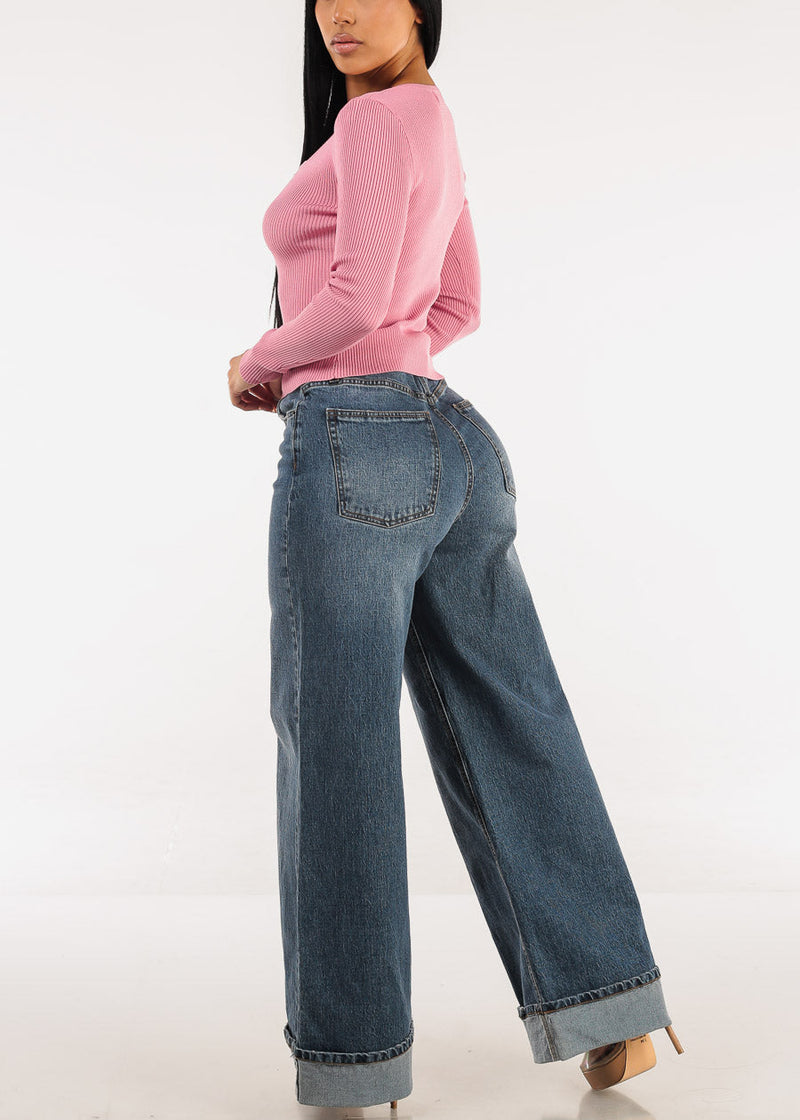 Super High Waist Cuffed Wide Leg Cotton Jeans Dark Wash