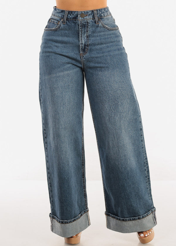 Super High Waist Cuffed Wide Leg Cotton Jeans Dark Wash