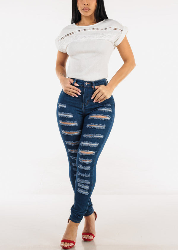 Butt Lift Distressed Stretchy Skinny Jeans Dark Wash