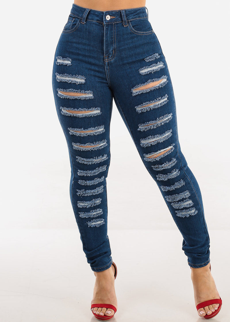 Butt Lift Distressed Stretchy Skinny Jeans Dark Wash
