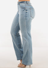 Stretchy High Waist Straight Wide Leg Jeans Light Wash