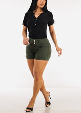 MX JEANS High Waist Hyper Stretch Butt Lifting Mid Thigh Shorts Olive