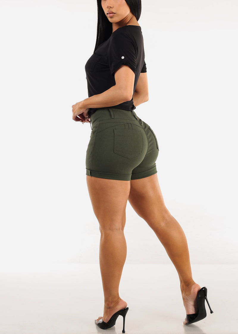MX JEANS High Waist Hyper Stretch Butt Lifting Mid Thigh Shorts Olive
