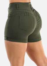 MX JEANS High Waist Hyper Stretch Butt Lifting Mid Thigh Shorts Olive