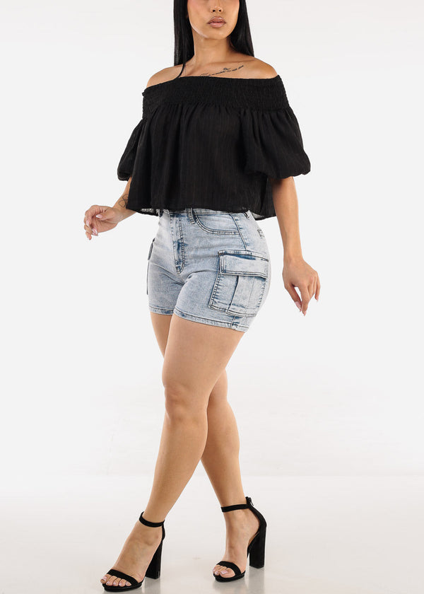 Butt Lift High Waist Stretch Cargo Denim Shorts Light Acid Wash