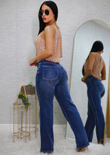 Stretchy High Waist Straight Wide Leg Jeans Med Blue