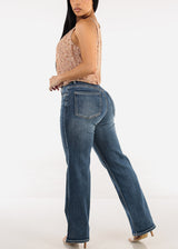 Stretchy High Waist Straight Wide Leg Jeans Med Blue