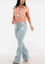 High Waisted Stretch Distressed Flared Jeans Light Wash
