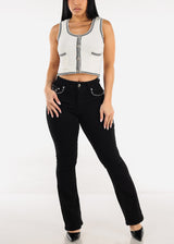 Stretchy High Waist Black Bootcut Jeans w Back Pocket Design