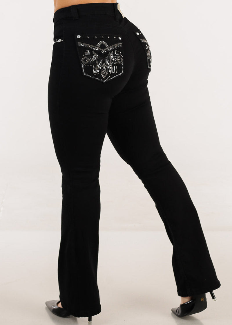 Stretchy High Waist Black Bootcut Jeans w Back Pocket Design