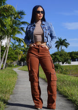 Butt Lift Straight Wide Leg Cargo Jeans Brown