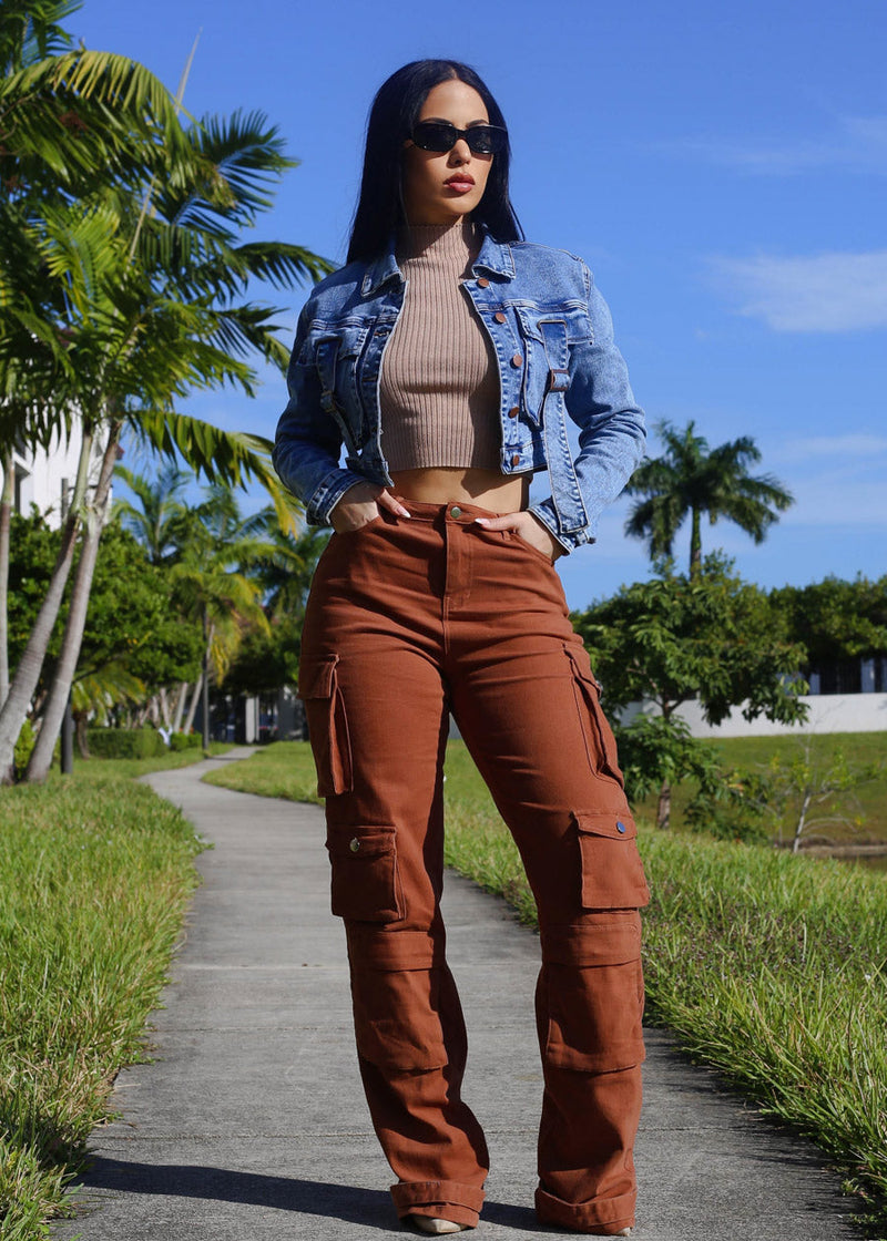 Butt Lift Straight Wide Leg Cargo Jeans Brown