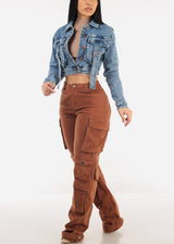 Butt Lift Straight Wide Leg Cargo Jeans Brown