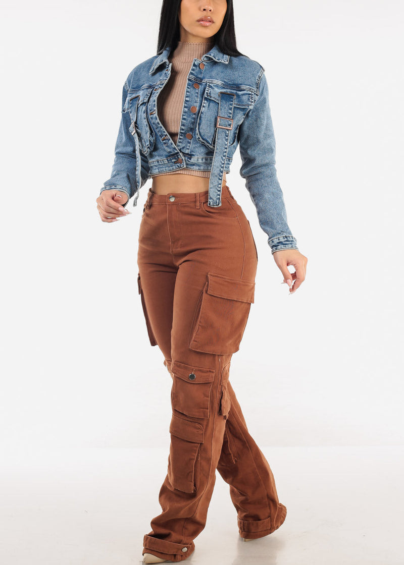 Butt Lift Straight Wide Leg Cargo Jeans Brown