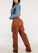 Butt Lift Straight Wide Leg Cargo Jeans Brown